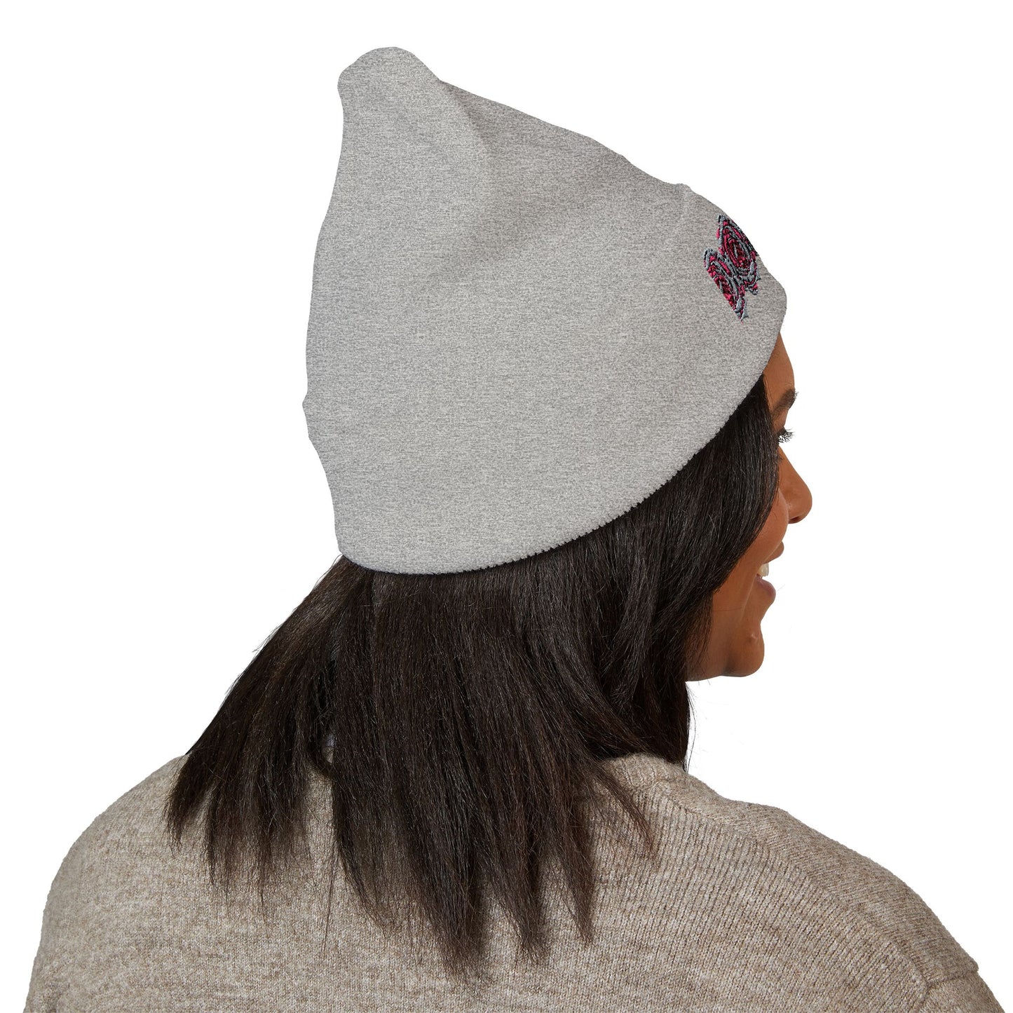 Embroidered Pink Rose Row Cuffed Beanie — Classic Floral Knit Hat©