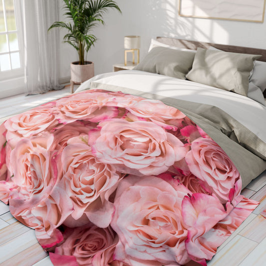 Pink Rose Floral Fleece Blanket — Soft Cozy Throw for Bedroom, Gift for Her