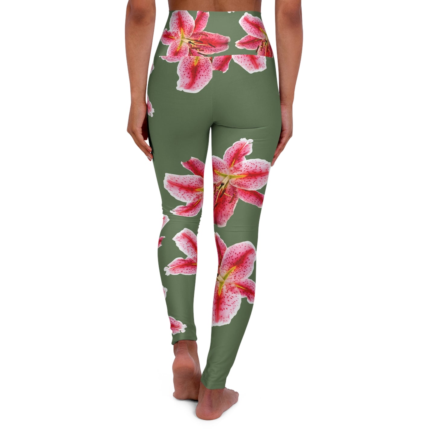 High-Waist Floral Yoga Leggings — Pink Stargazer Lily Print on Olive©