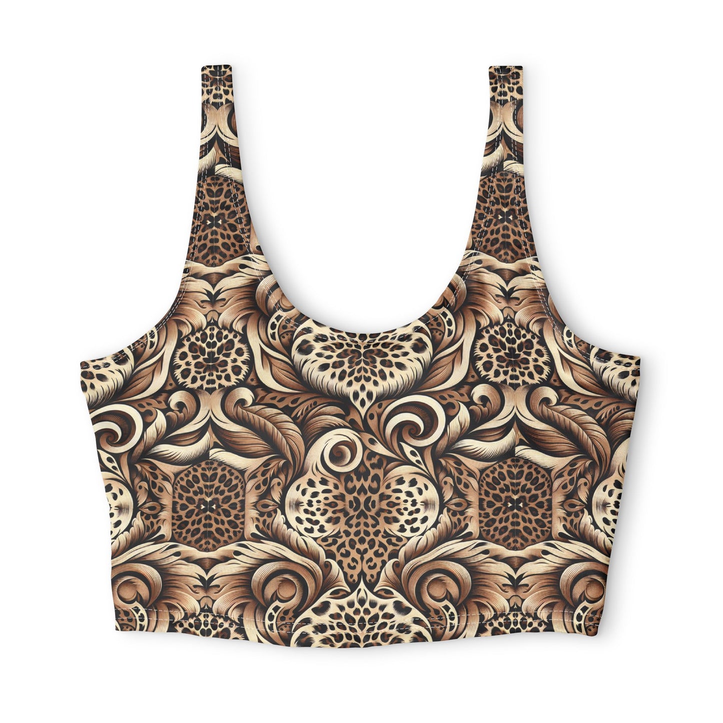 Brown Leopard Floral Sports Bra — All-Over Print Animal Pattern©