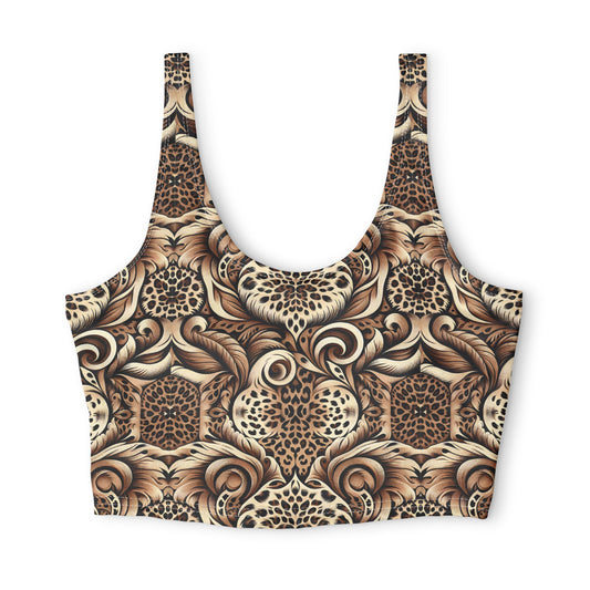 Brown Leopard Floral Sports Bra — All-Over Print Animal Pattern©
