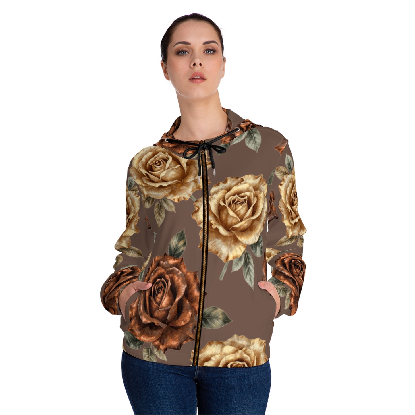 Floral Rose Zip Hoodie — Vintage Brown All-Over Print©