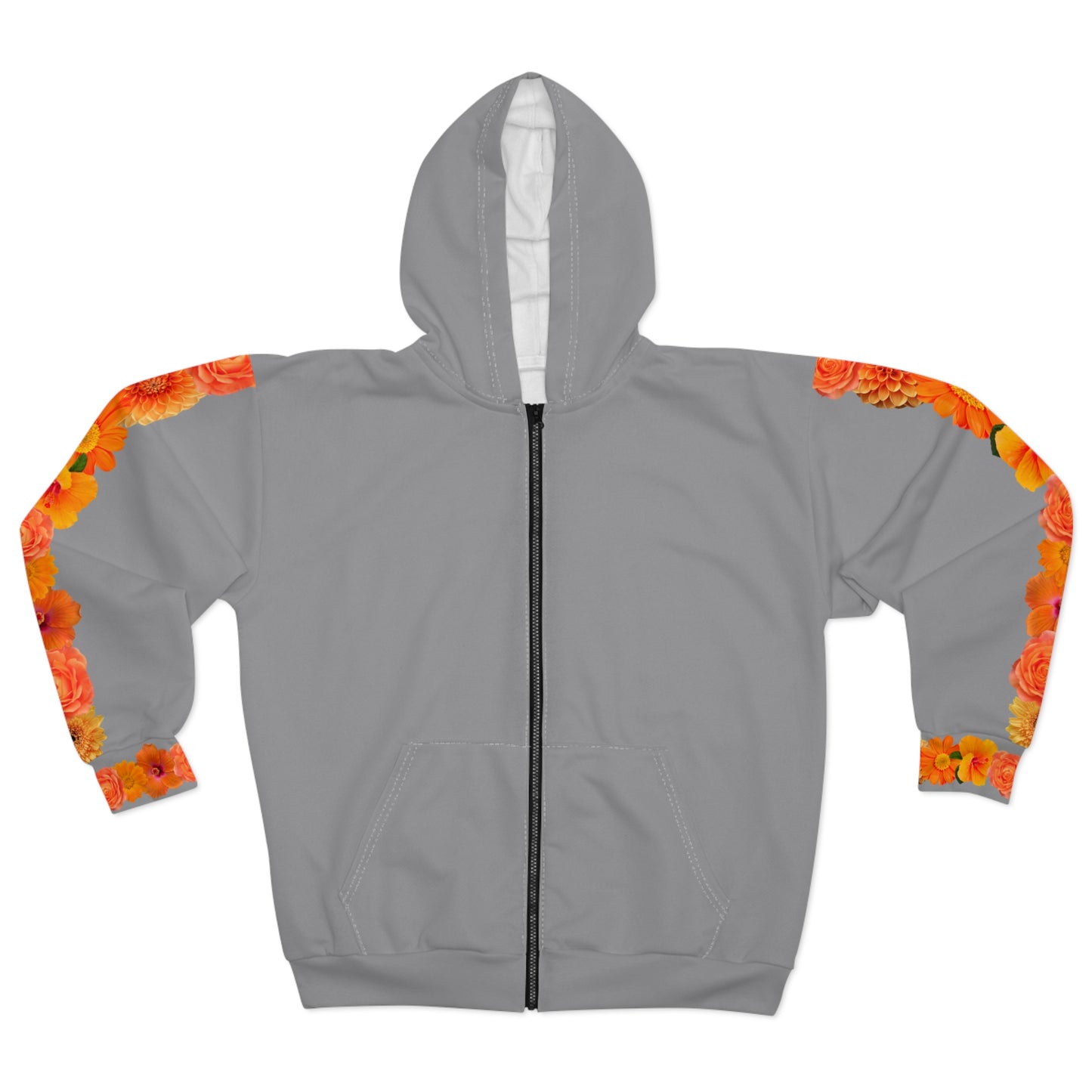 Gray Zip Hoodie with Orange Marigold Sleeve Accent — Floral Zip-Up Hoodie©