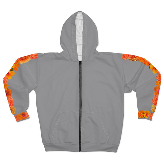 Gray Zip Hoodie with Orange Marigold Sleeve Accent — Floral Zip-Up Hoodie©