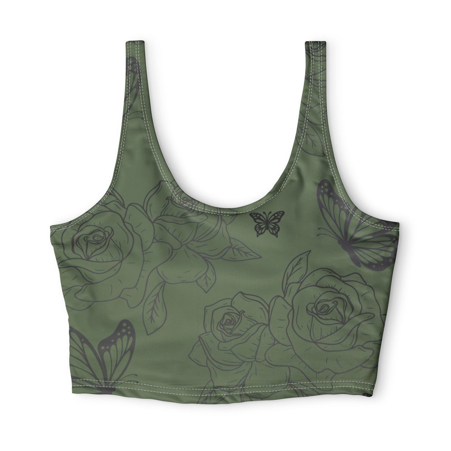 Green Rose & Butterfly Sports Bra — Floral All-Over Print Athletic Crop©