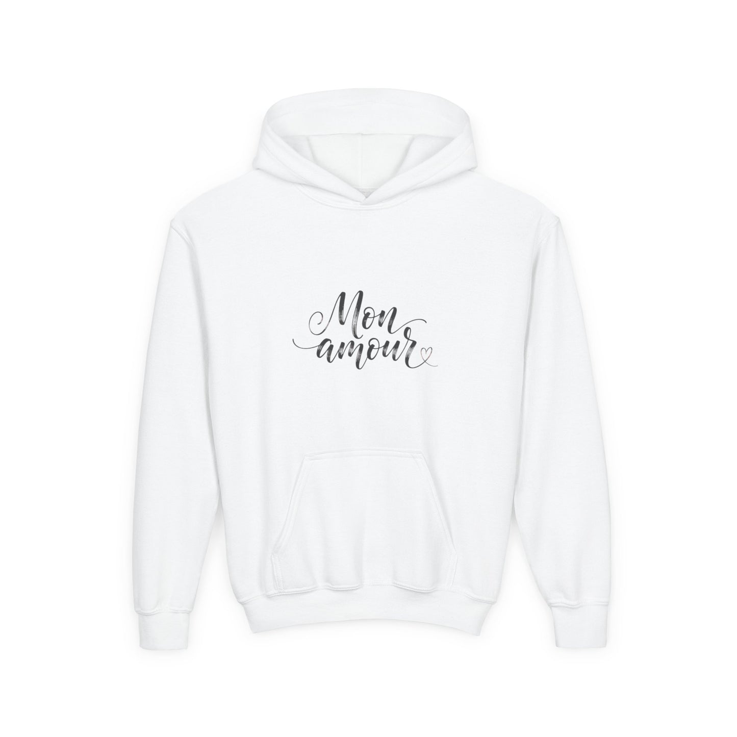 Youth Hoodie — 'Mon Amour' Script Front & Red Rose Pattern Back©