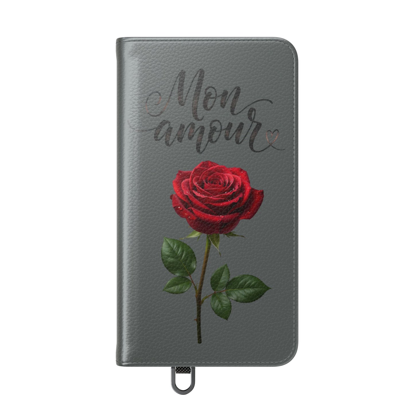 Mon Amour Rose Flip Phone Case — Floral Wallet Flip Case with 'Mon amour' Script