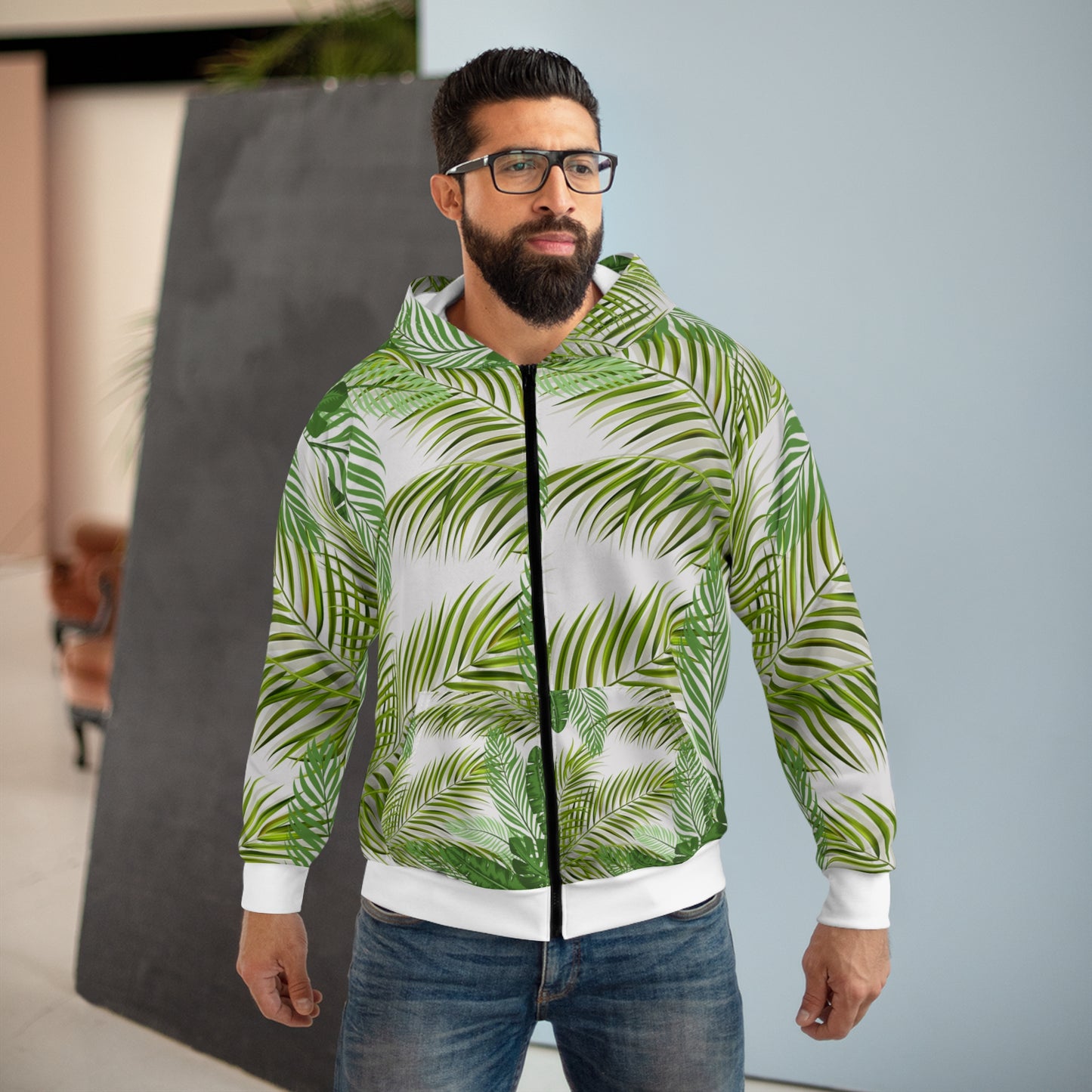 Tropical Palm Leaf Zip Hoodie — All-Over Print Botanical Jacket©