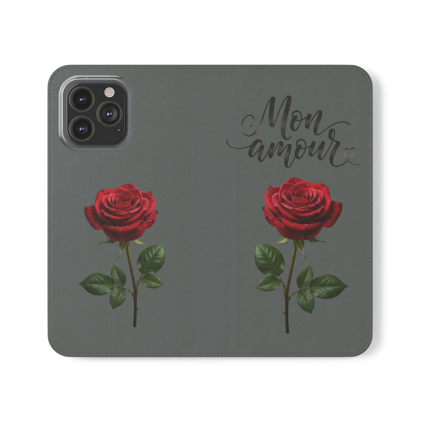 Mon Amour Rose Flip Phone Case — Floral Wallet Flip Case with 'Mon amour' Script