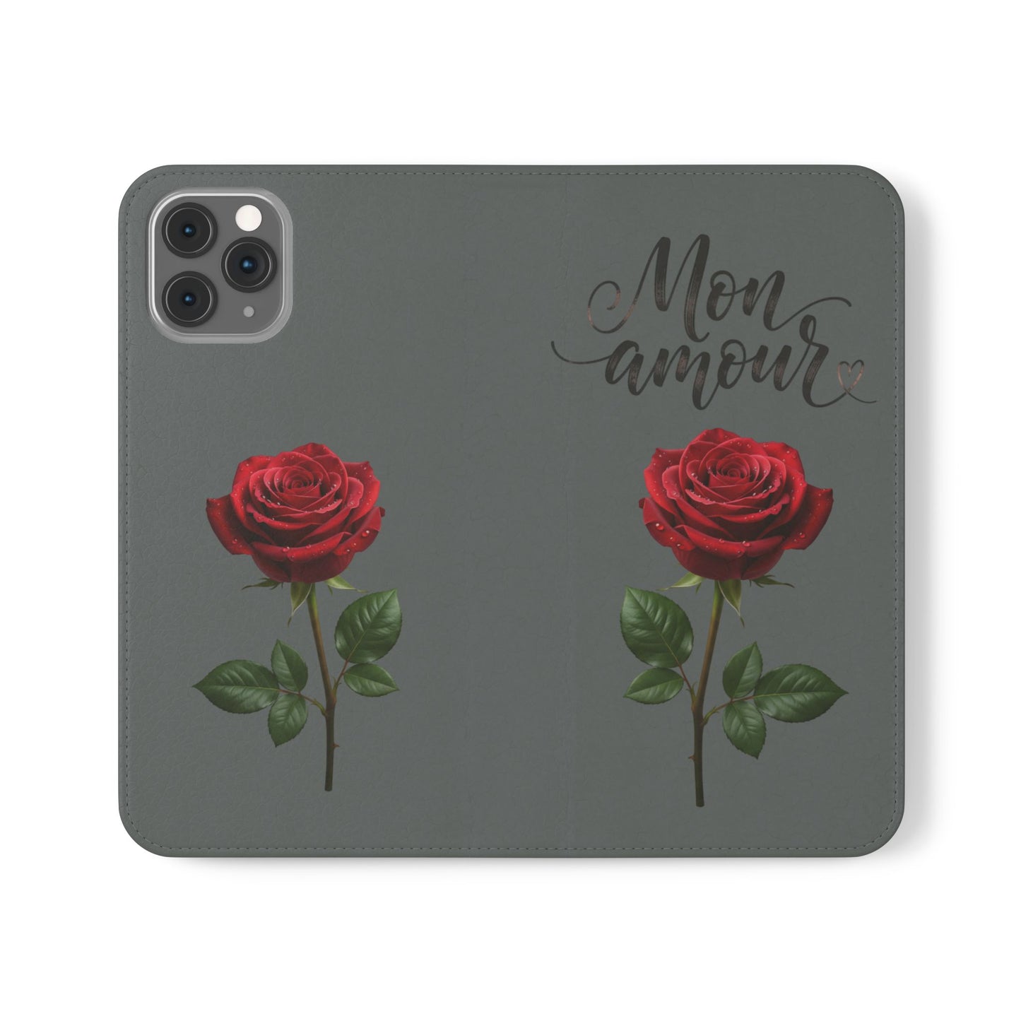 Mon Amour Rose Flip Phone Case — Floral Wallet Flip Case with 'Mon amour' Script