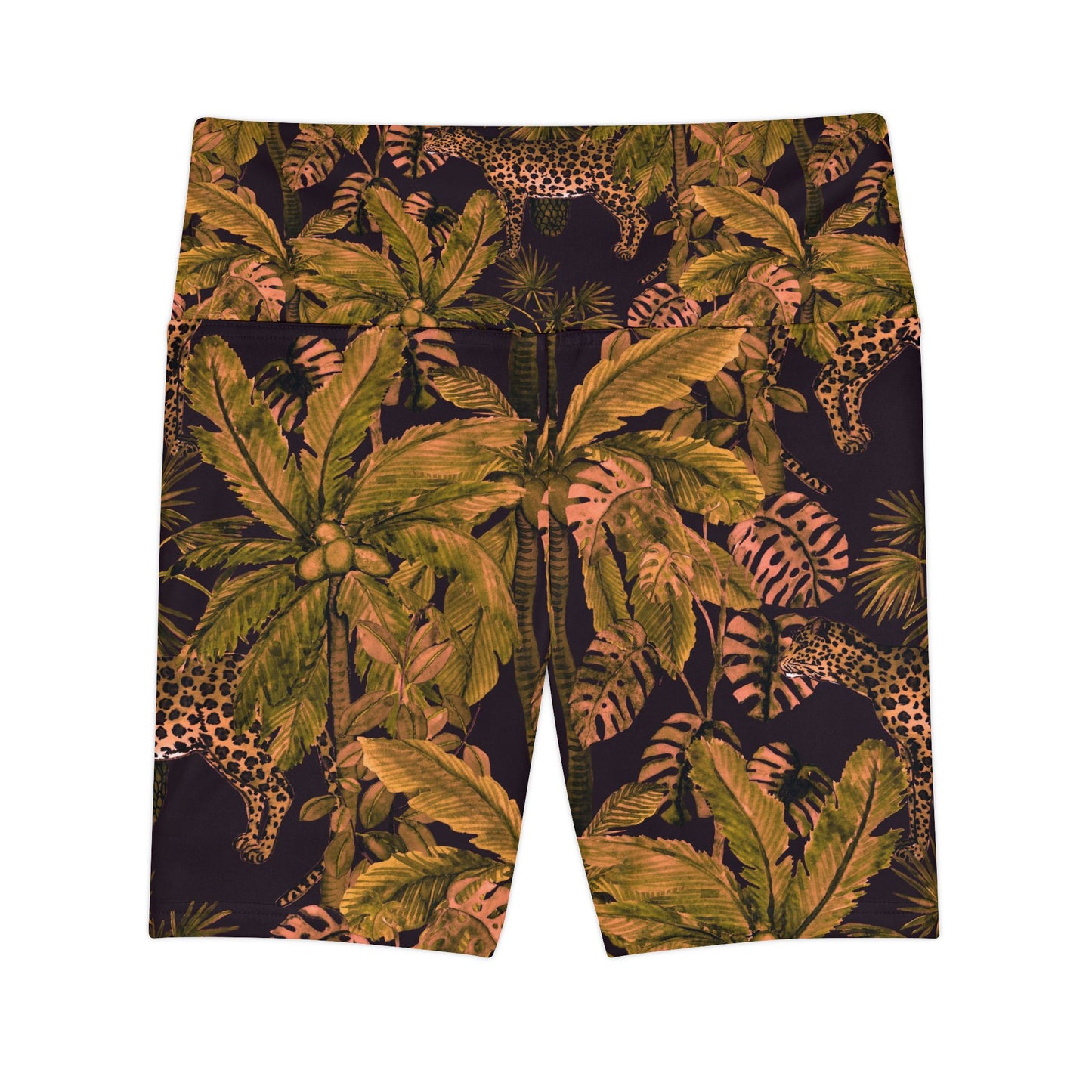 Tropical Leopard Palm Workout Shorts — Women's High-Rise Activewear©