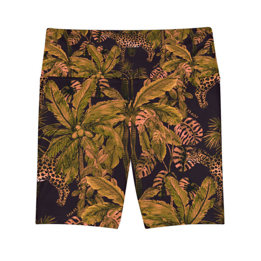 Tropical Leopard Palm Workout Shorts — Women's High-Rise Activewear©