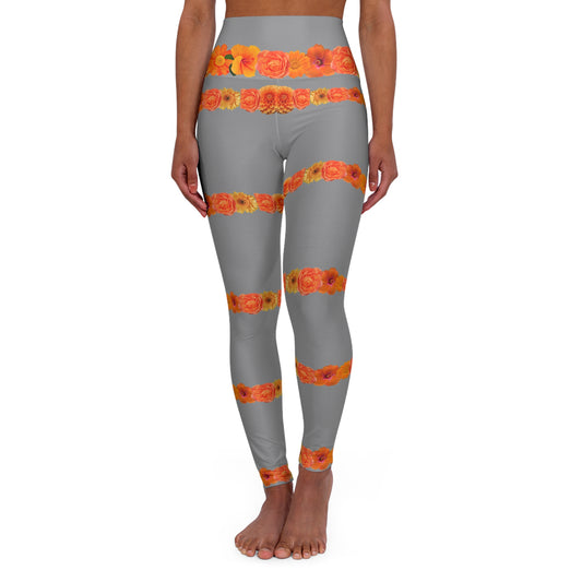 High-Waist Floral Stripe Yoga Leggings — Orange Rose Pattern©
