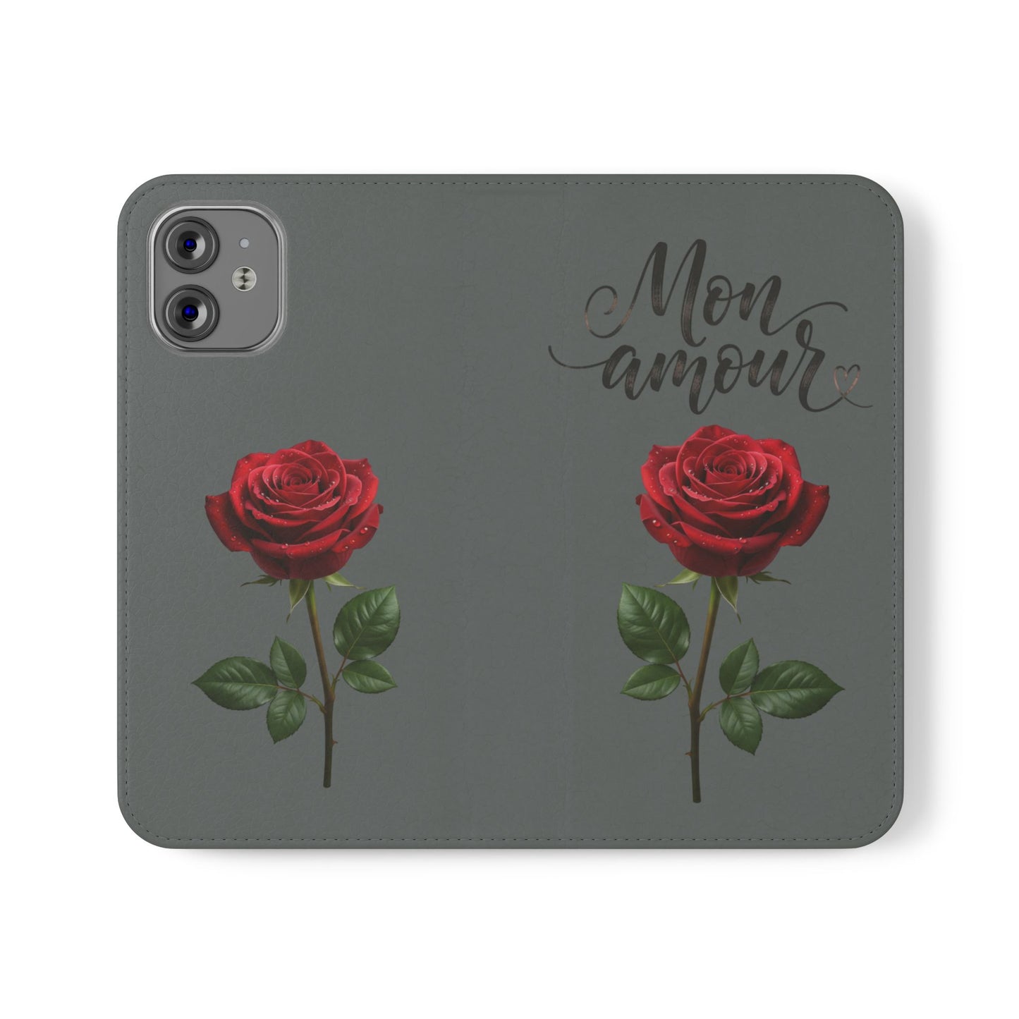 Mon Amour Rose Flip Phone Case — Floral Wallet Flip Case with 'Mon amour' Script