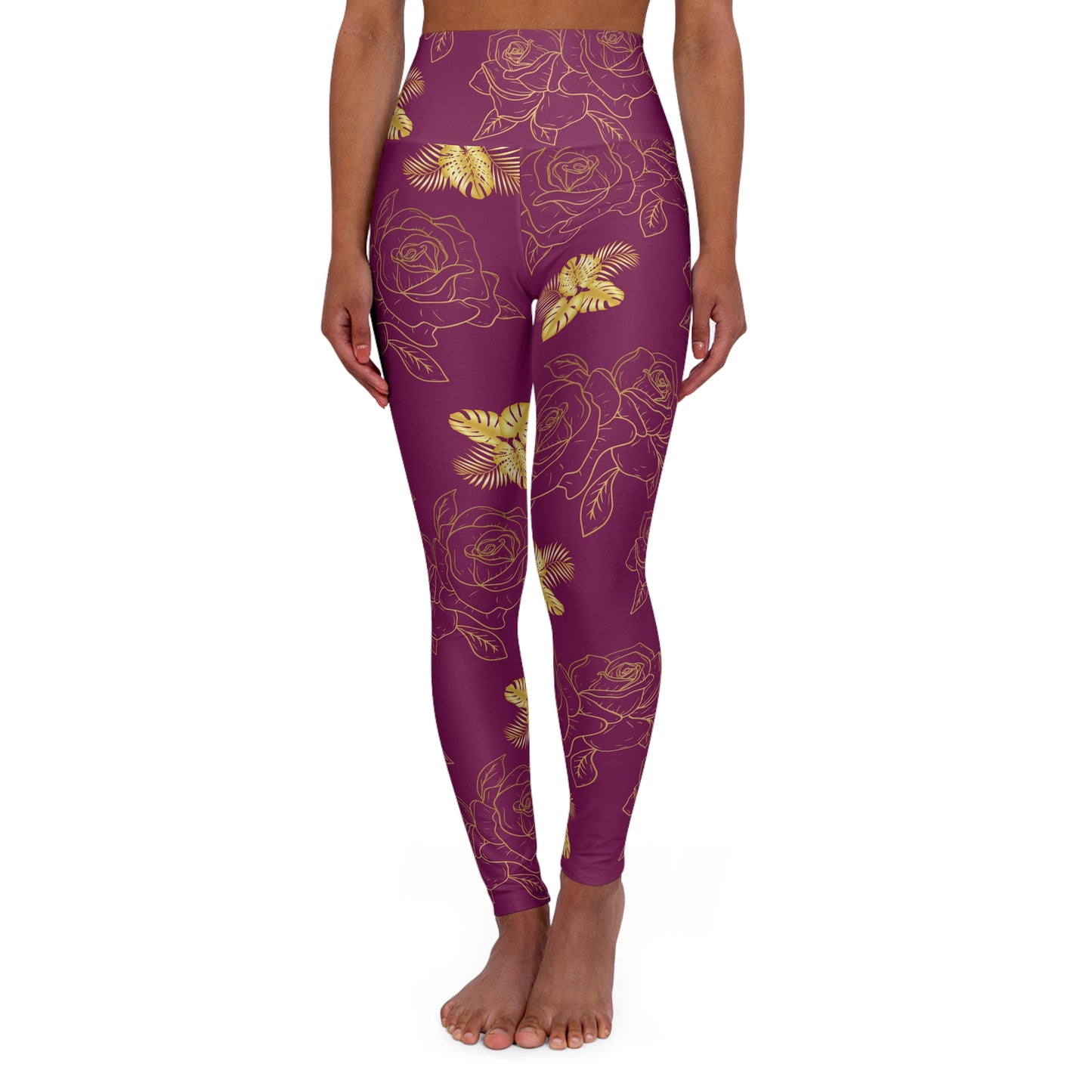 High-Waist Floral Yoga Leggings — Burgundy with Gold Rose & Butterfly Print©