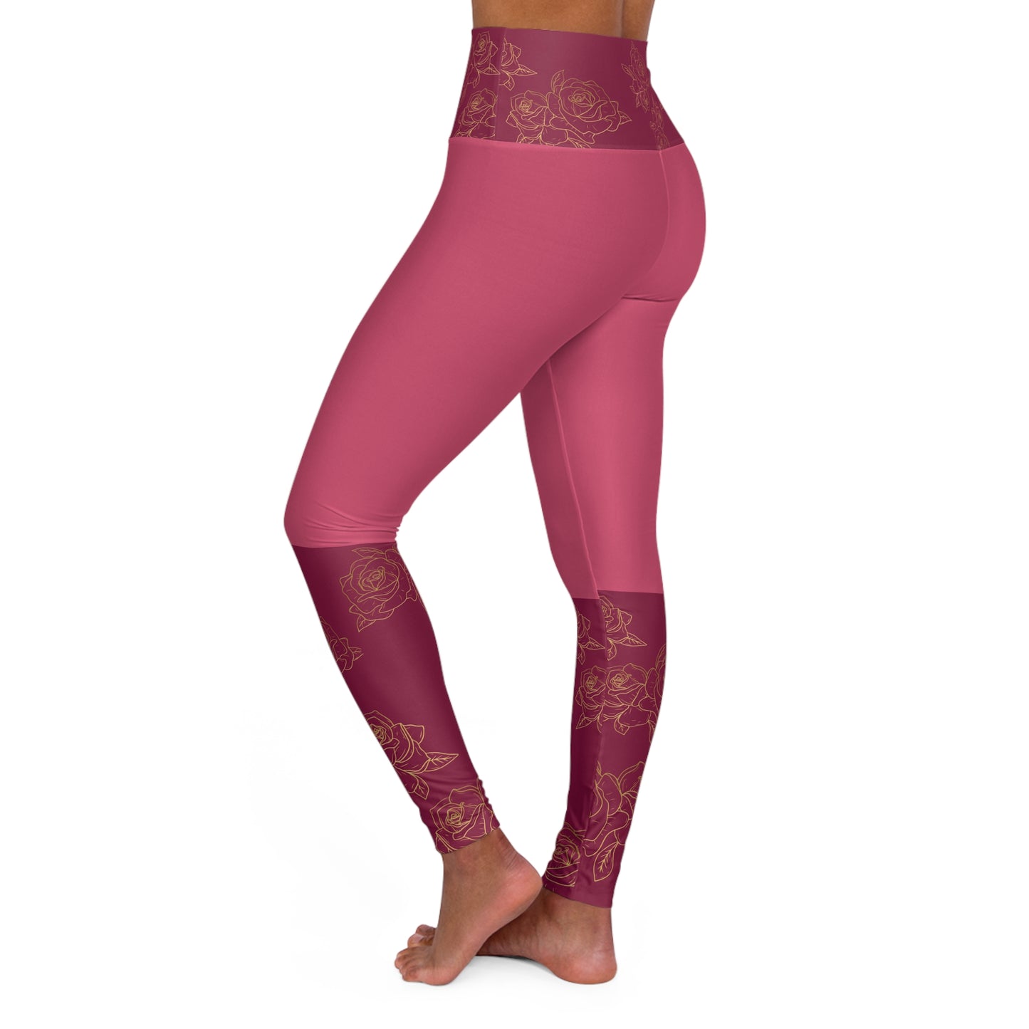 High-Waist Rose Gold Floral Yoga Leggings©