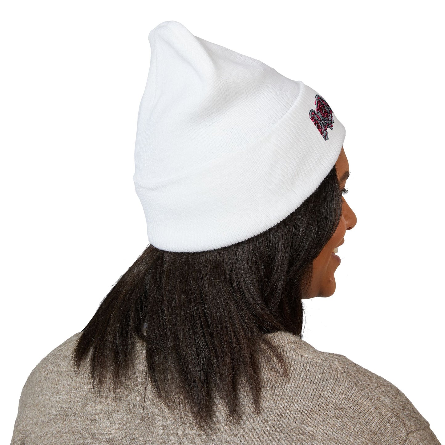 Embroidered Pink Rose Row Cuffed Beanie — Classic Floral Knit Hat©