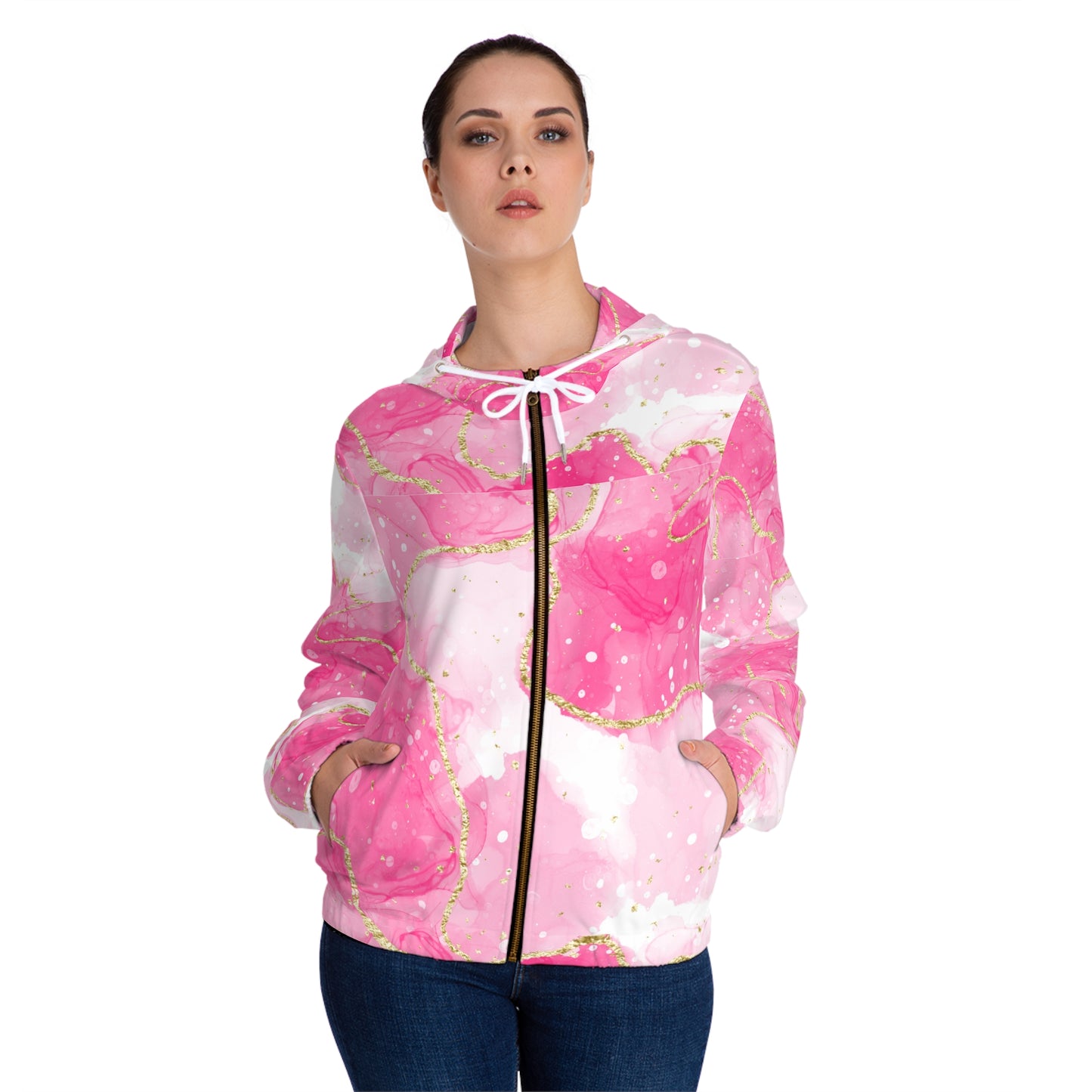 Pink Gold Marble Full-Zip Hoodie — Women's Floral Abstract AOP©