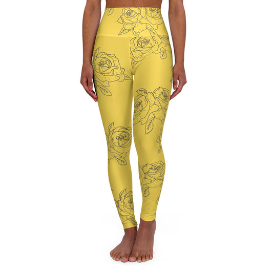 Yellow Rose High-Waist Yoga Leggings — Floral All-Over Print©