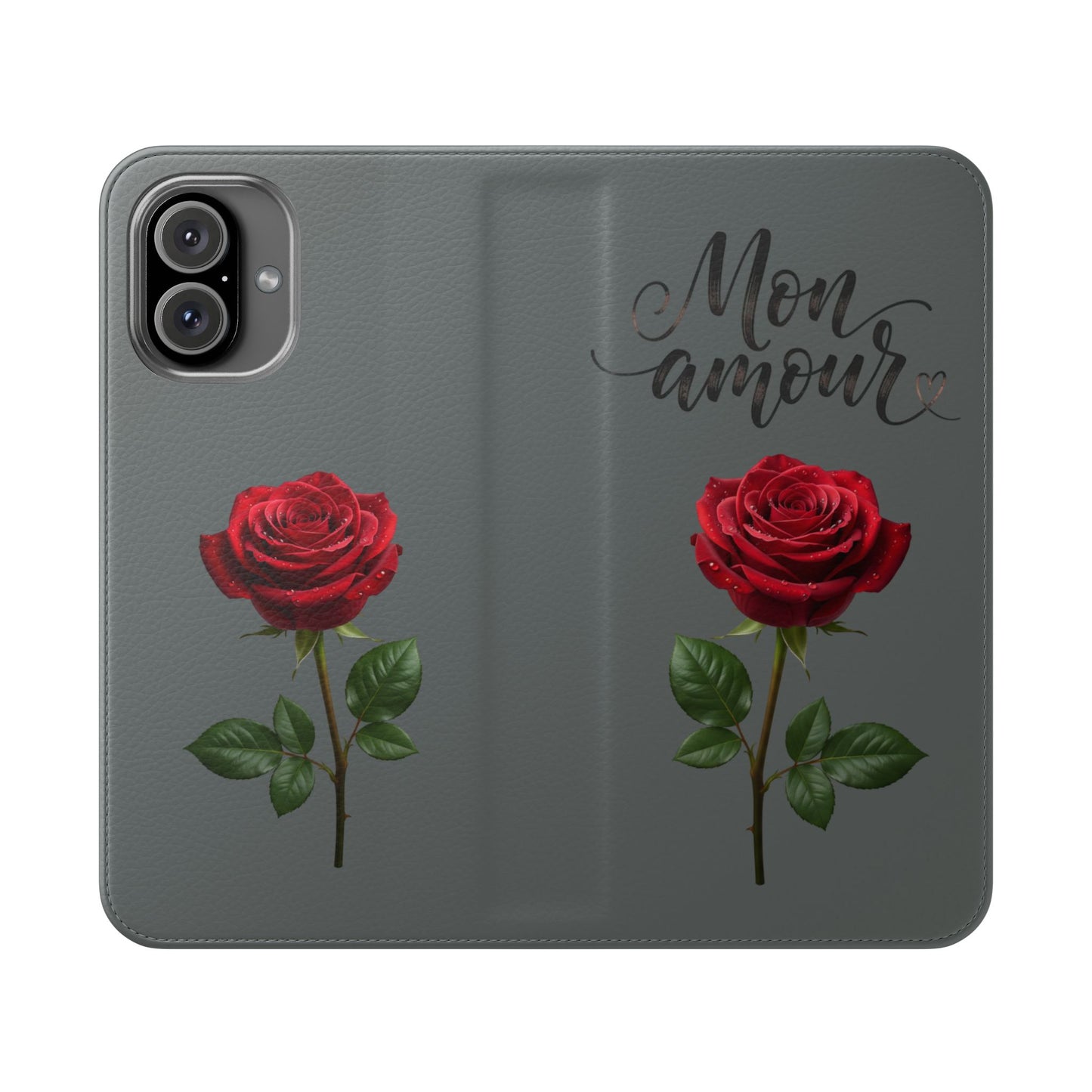 Mon Amour Rose Flip Phone Case — Floral Wallet Flip Case with 'Mon amour' Script