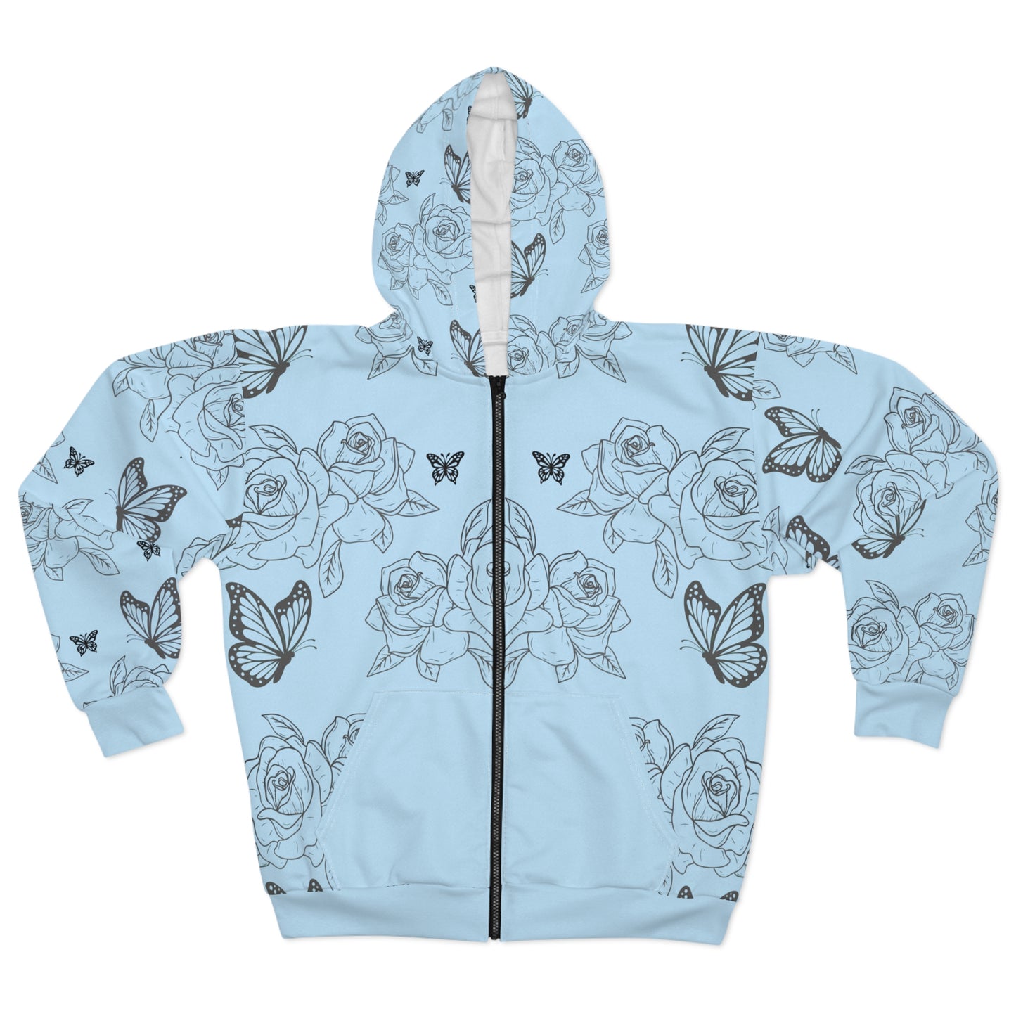 Light Blue Rose & Butterfly Zip Hoodie — Floral All-Over-Print©