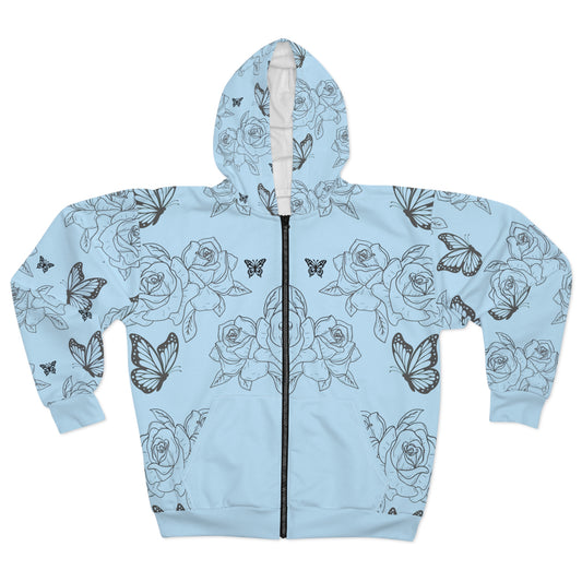 Light Blue Rose & Butterfly Zip Hoodie — Floral All-Over-Print©