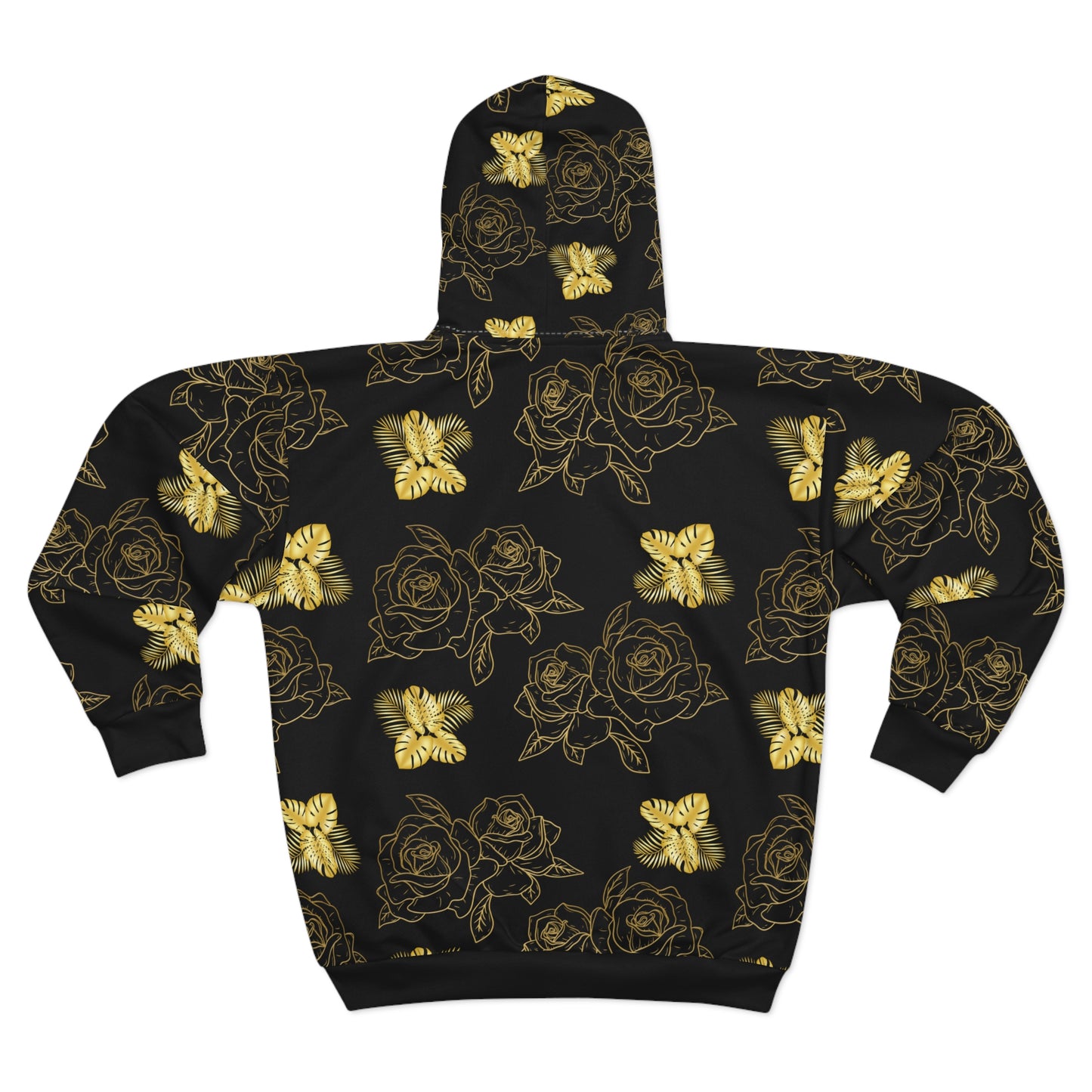 Zip Hoodie — Black & Gold Floral Rose Pattern All-Over Print©