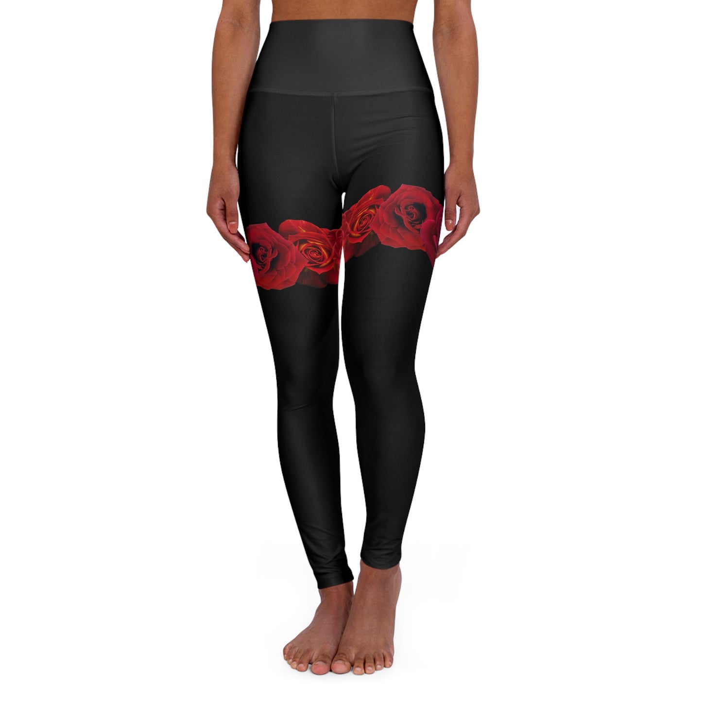High-Waist Black Yoga Leggings with Red Rose Band — Floral Fitness Leggings