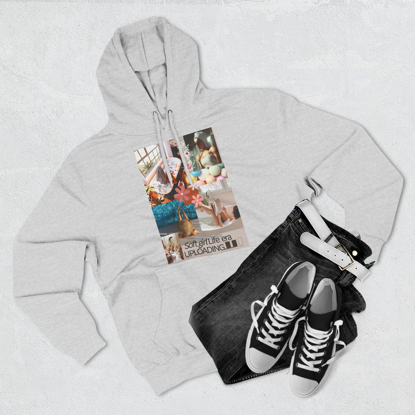 Collage Graphic Hoodie — "Soft Girl Era Uploading" Cozy Fleece Pullover©