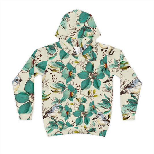 Kids Floral Hoodie — Teal Blooms & Songbirds All-Over Print