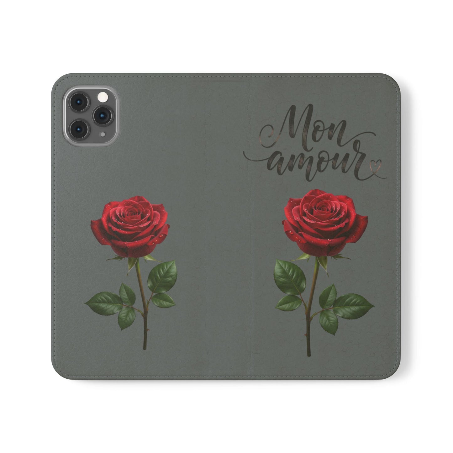 Mon Amour Rose Flip Phone Case — Floral Wallet Flip Case with 'Mon amour' Script