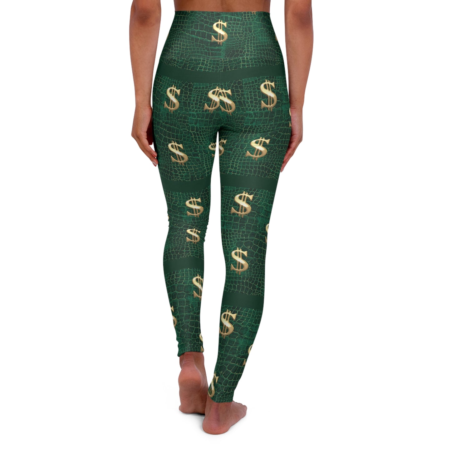 Money Sign High-Waisted Yoga Leggings — Green Dollar Print Activewear©