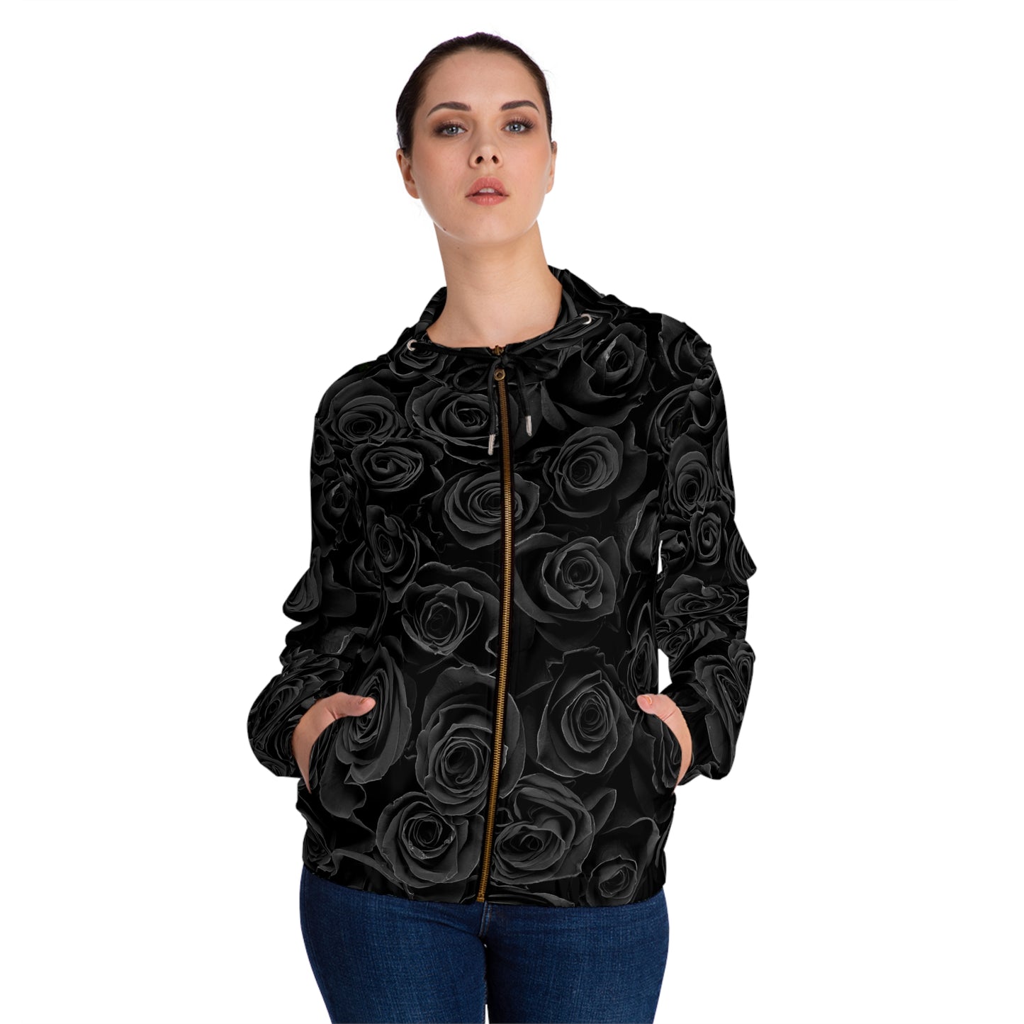 Hoodie — All-Over Black Rose Zip-Up Hoodie©