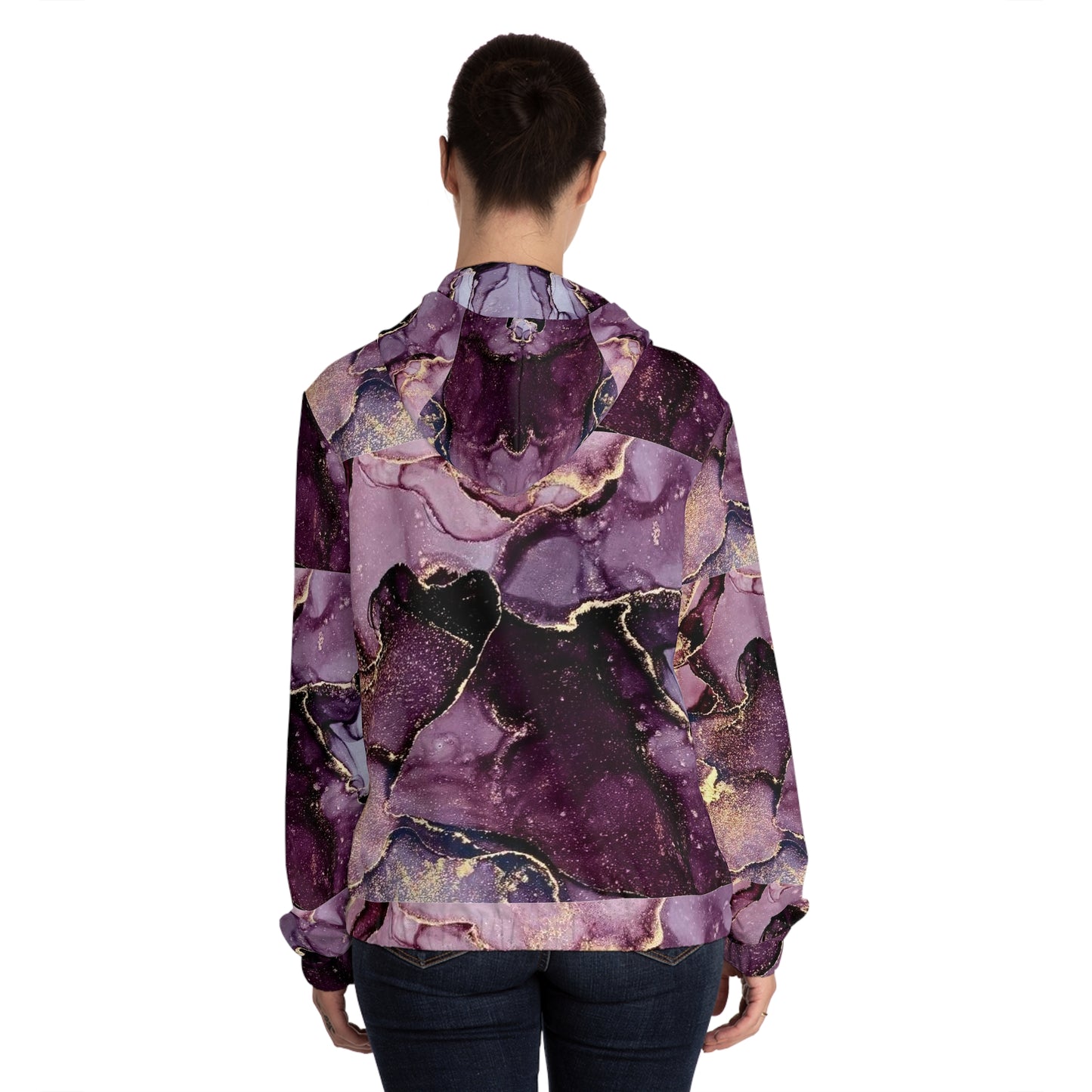 Purple Gold Marble Full‑Zip Hoodie — Women’s Abstract Ink Art Zip-Up©