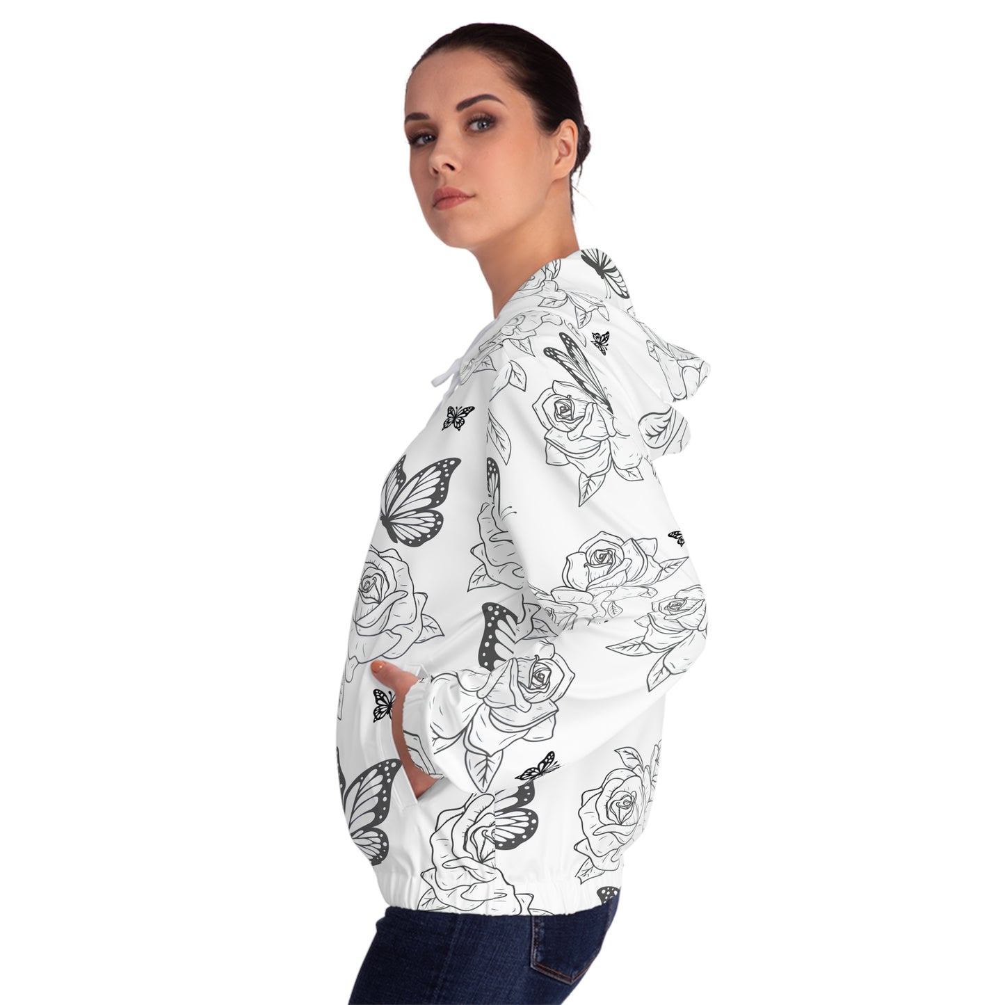 Butterfly Rose Zip-Up Hoodie — Black & White Floral All-Over Print©