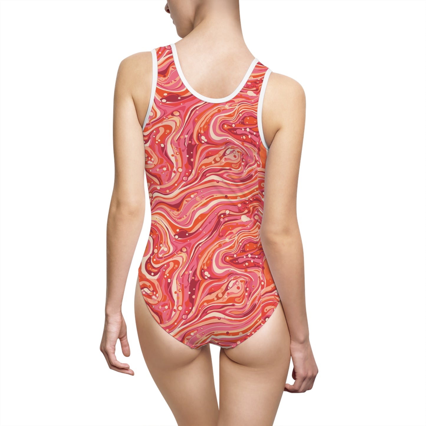 Retro Pink Marble One-Piece Swimsuit — Women's Stylish Swimwear©