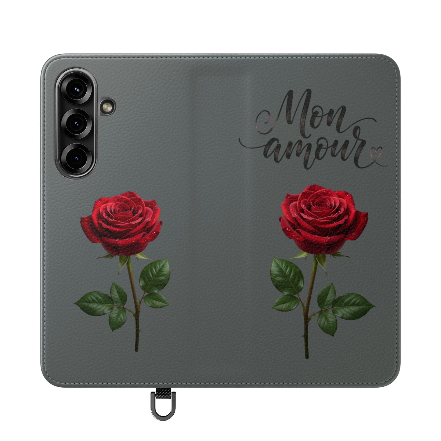 Mon Amour Rose Flip Phone Case — Floral Wallet Flip Case with 'Mon amour' Script