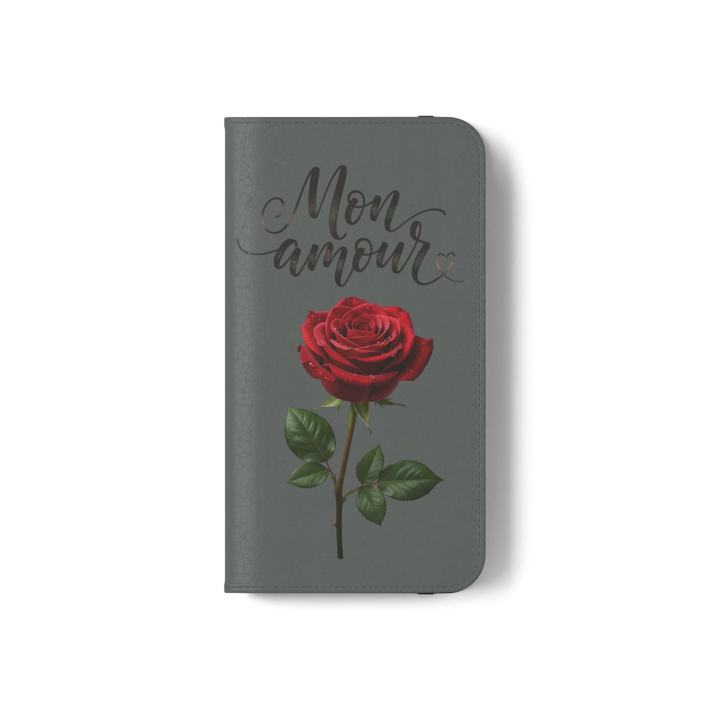 Mon Amour Rose Flip Phone Case — Floral Wallet Flip Case with 'Mon amour' Script