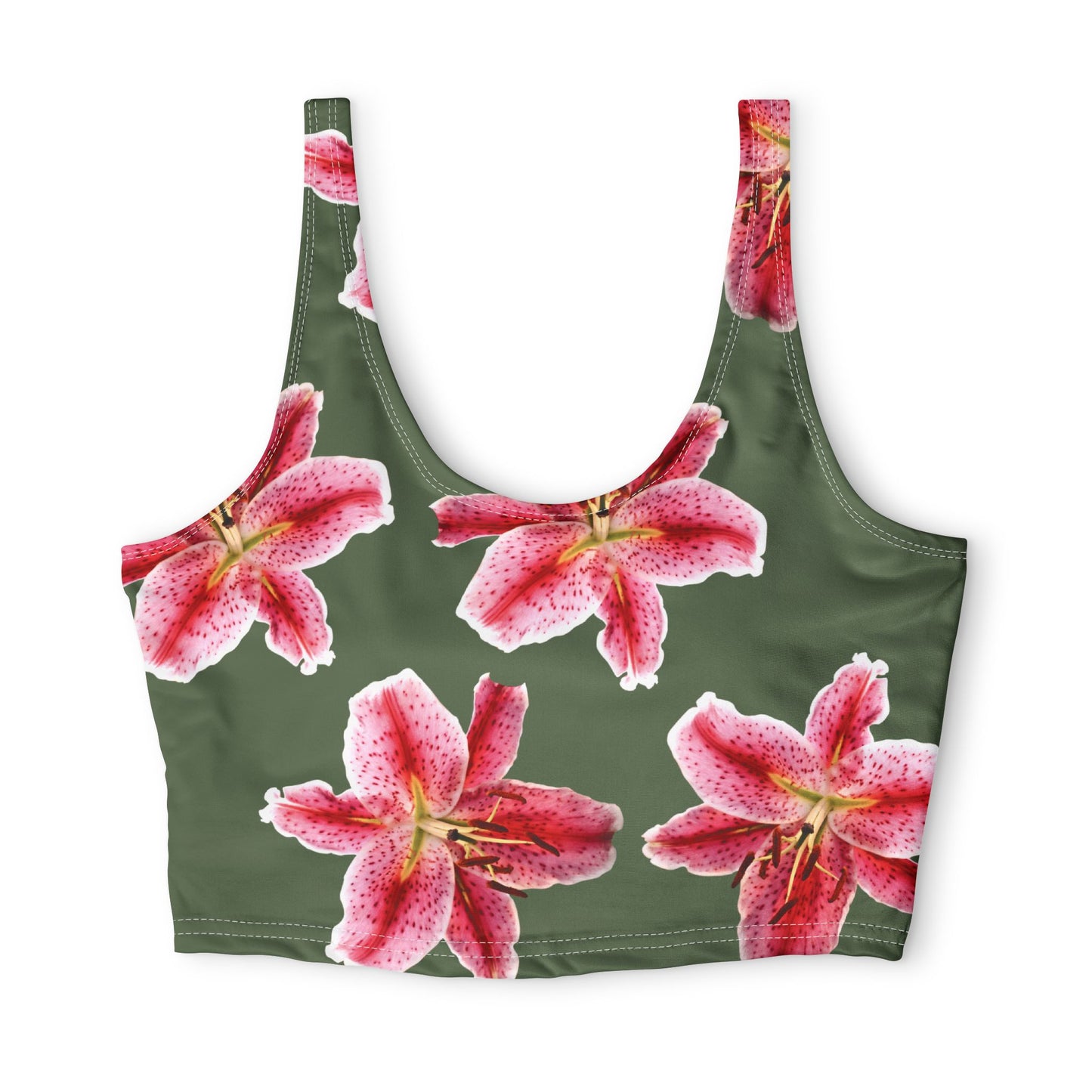 Floral Stargazer Sports Bra — Pink Lily All-Over Print on Olive©