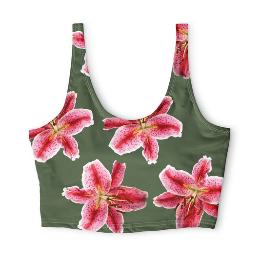 Floral Stargazer Sports Bra — Pink Lily All-Over Print on Olive©
