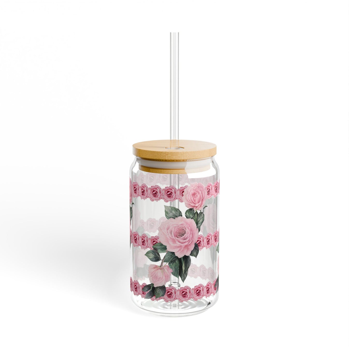 Floral Rose Sipper Glass – 16oz Pink Rose Beverage Cup with Straw©