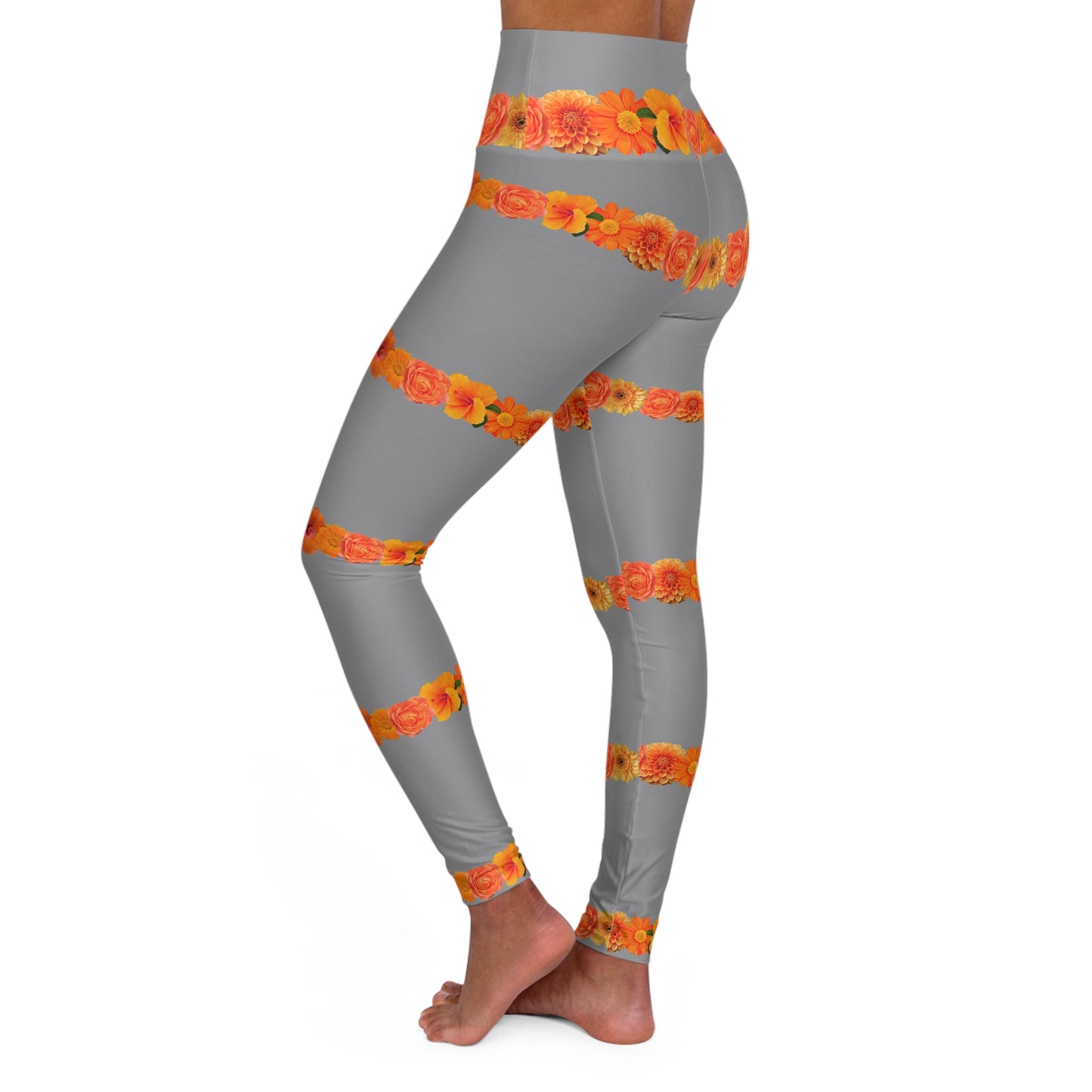 High-Waist Floral Stripe Yoga Leggings — Orange Rose Pattern©
