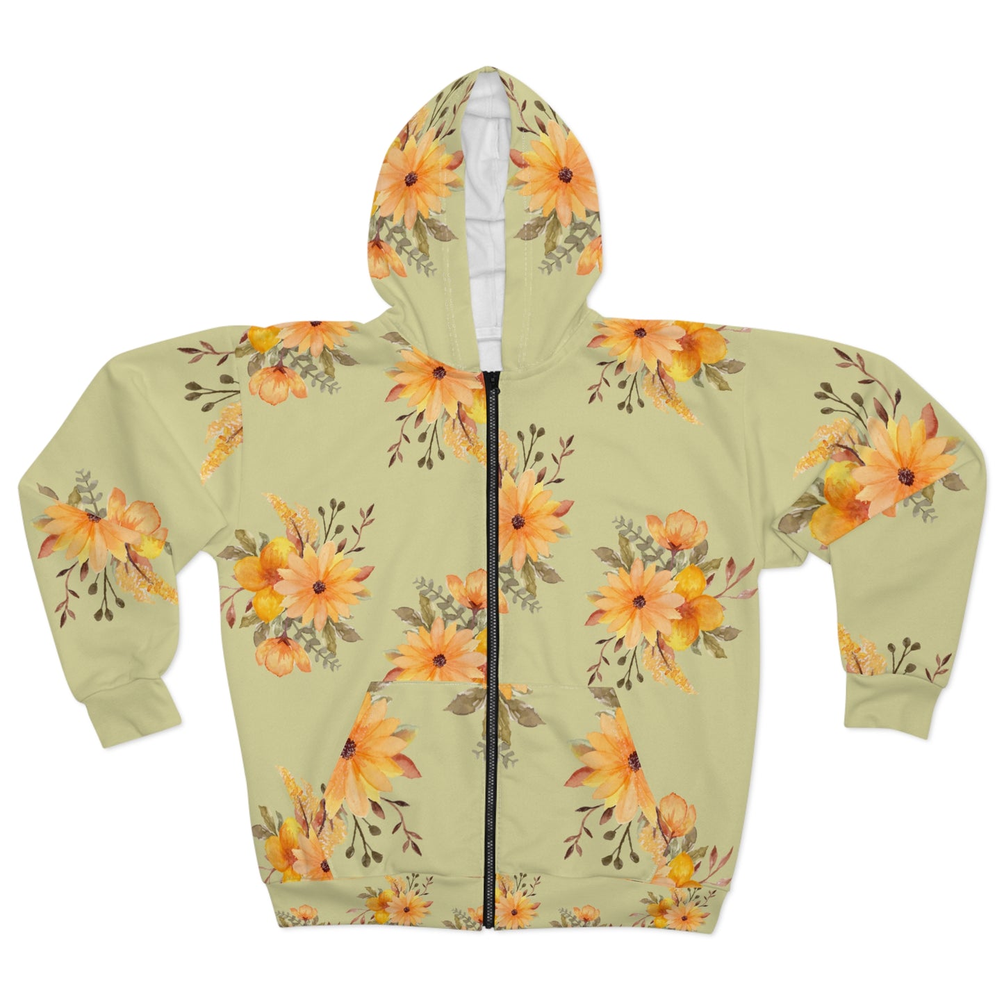 Sunflower Watercolour Zip Hoodie — Floral All-Over Print©