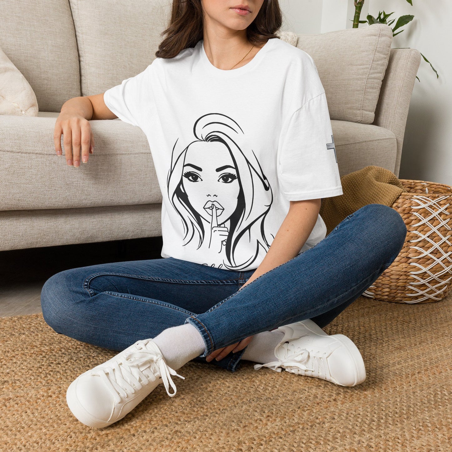 Shh! Lip-Bite Girl Graphic T-Shirt — Minimal Chic Illustration Tee©