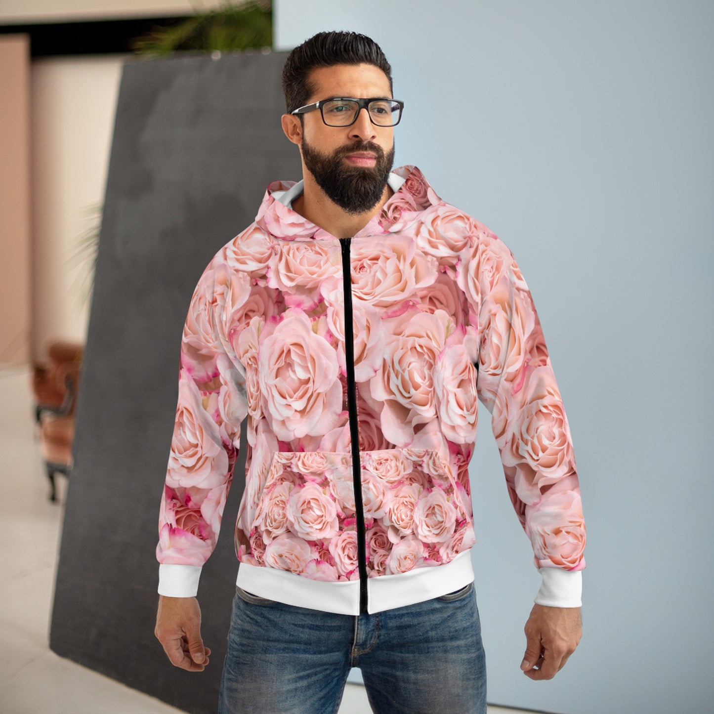 Pink Rose All-Over Print Zip Hoodie — Floral Romantic Jacket©