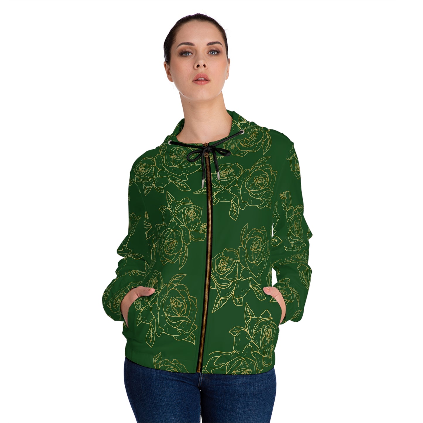 Floral Rose Sketch Zip Hoodie — Green All-Over Print©
