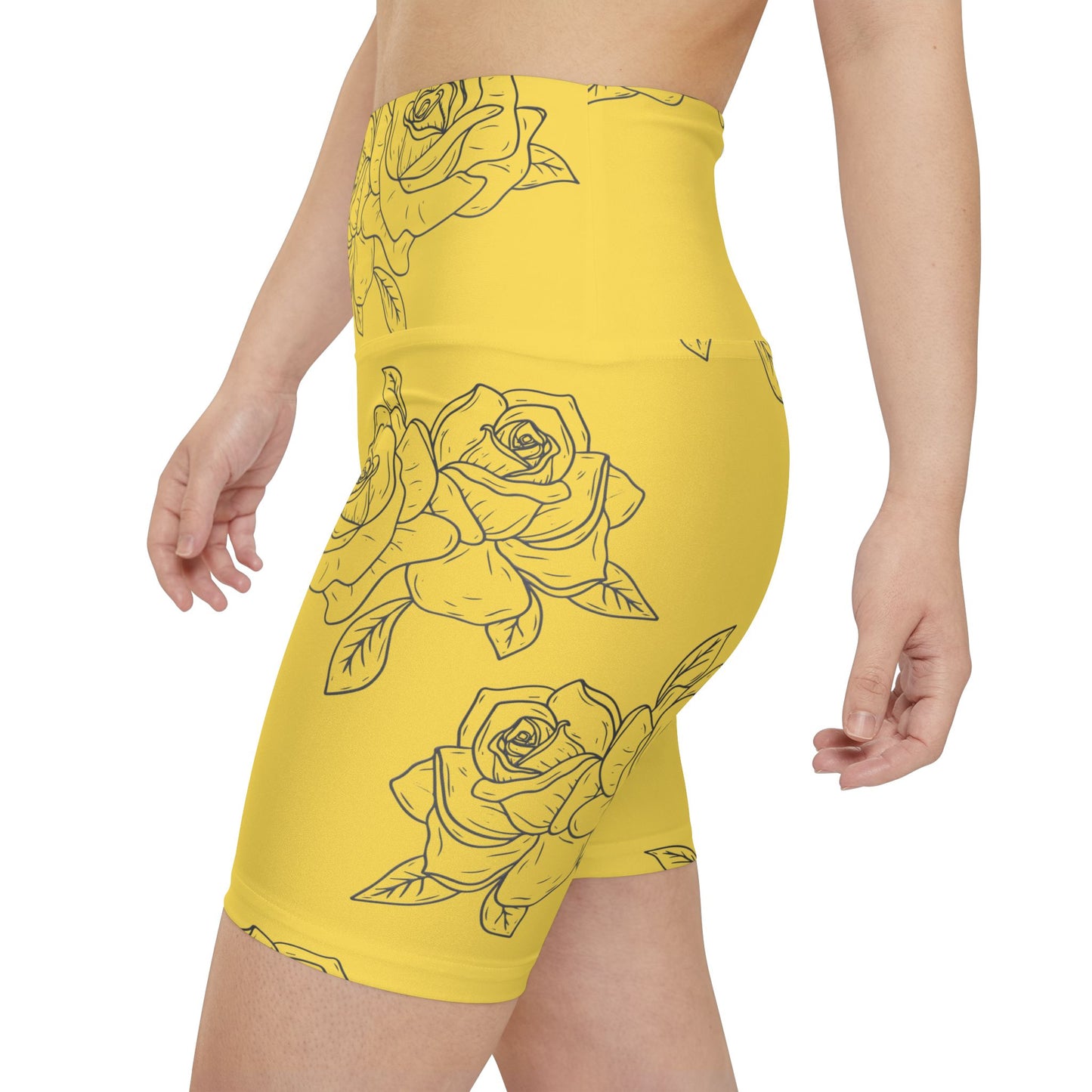 Yellow Rose Print Workout Shorts — Women's Floral Athletic Biker Shorts©