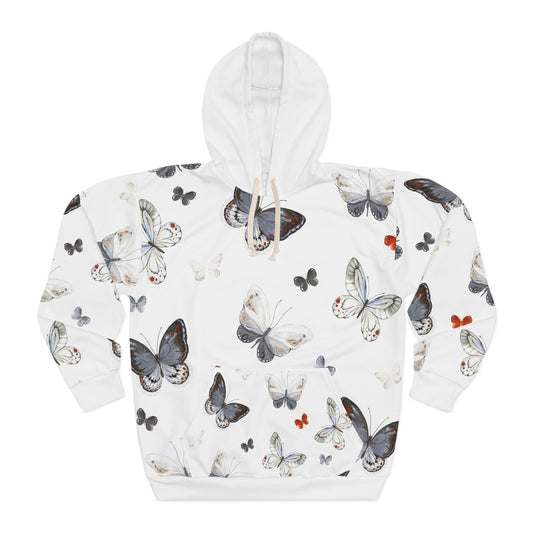 Butterfly Print Hoodie — White All-Over Floral Butterflies Pullover©
