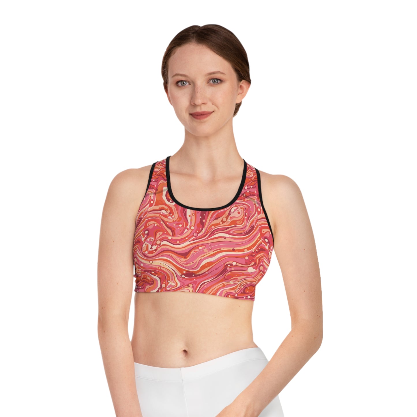 Pink Swirl Marble Sports Bra — Vibrant All-Over-Print Activewear