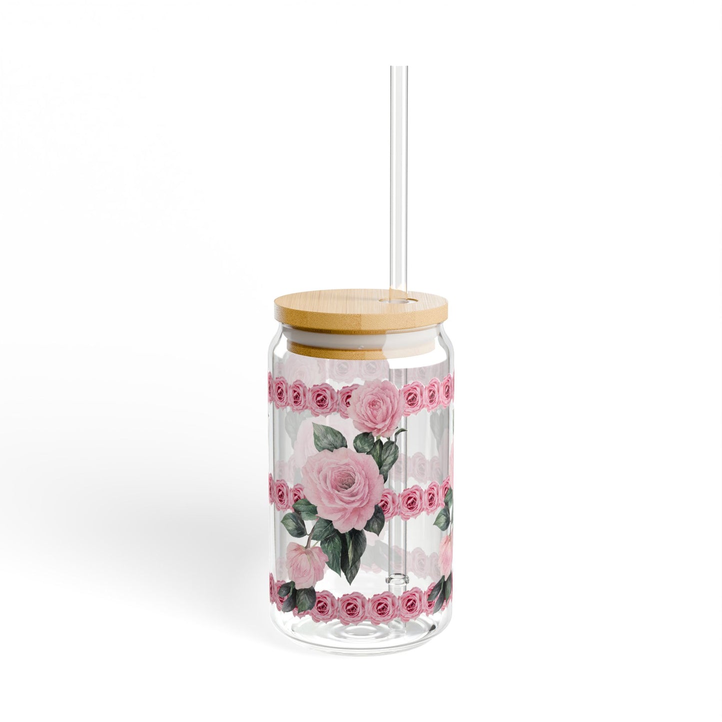 Floral Rose Sipper Glass – 16oz Pink Rose Beverage Cup with Straw©